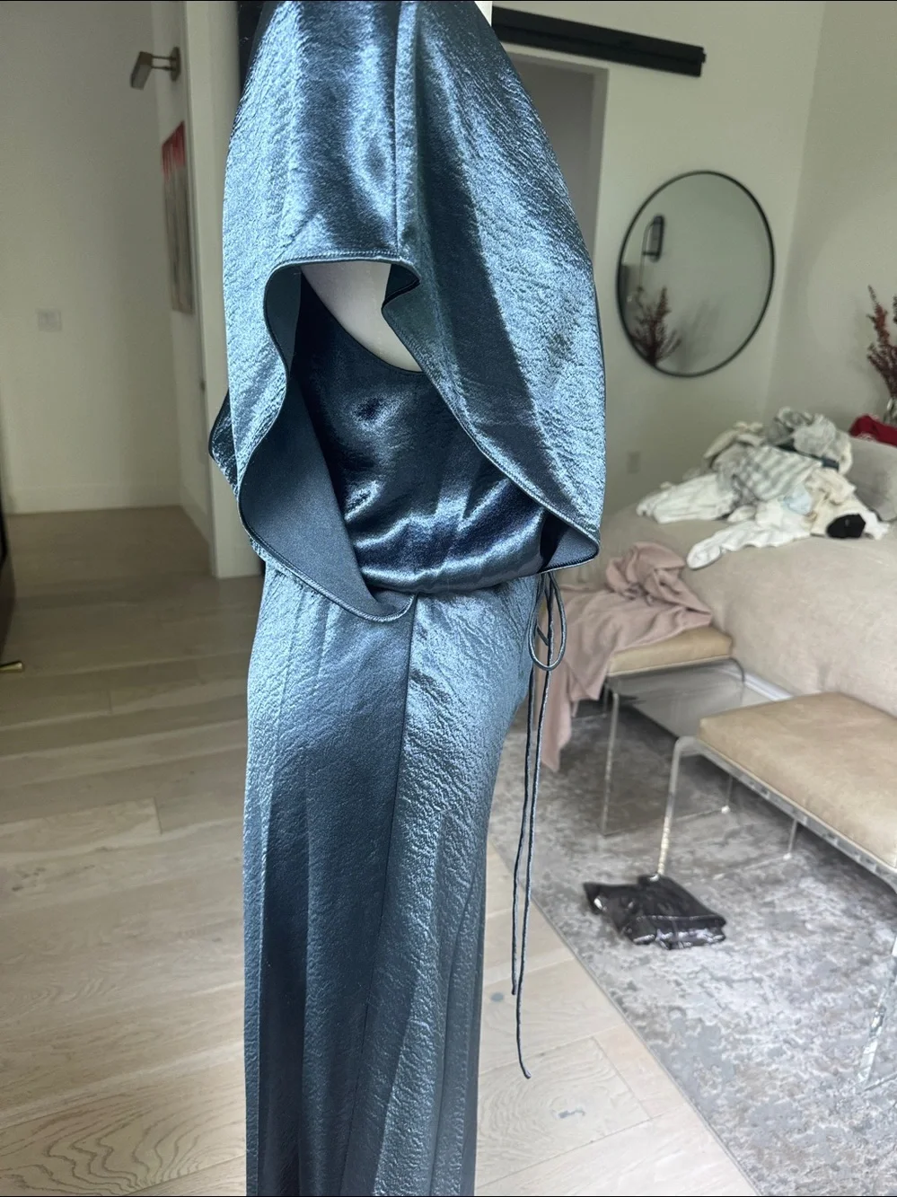 NWT VINCE Satin V-Neck Midi Dress in Shimmering Gray/Blue - Picture 4 of 7